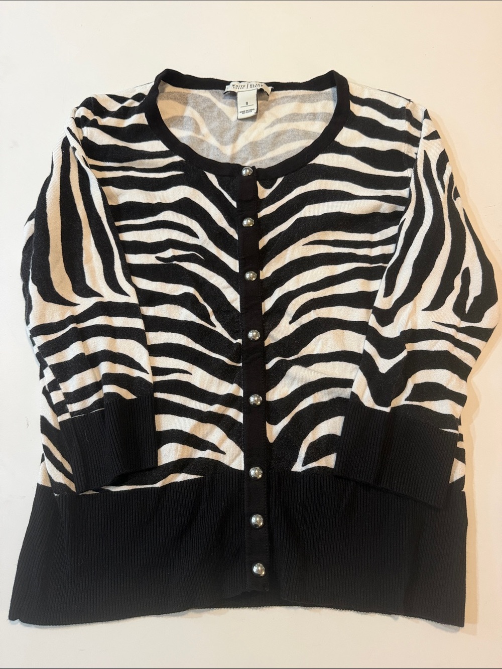 White House Black Market Black and White Zebra-Print Button Down Cardigan